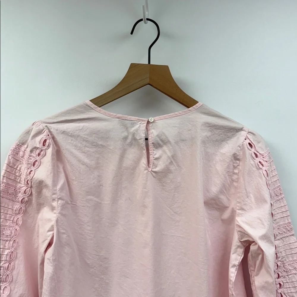 J. Crew Cotton Poplin Pleated Eyelet Puff Sleeve Popover Shirt Pink Small